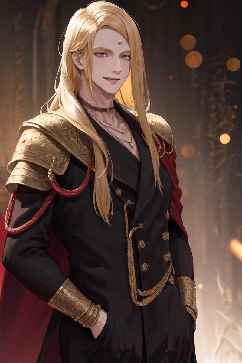 15500-2907220182-masterpiece, best quality, highres, 1boy zenos, red cape shoulder armor black coat  upper body, smile, hands in pockets.png